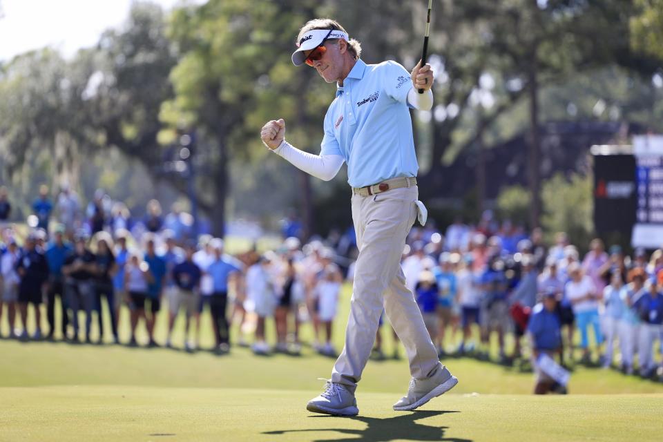 Brett Quigley pumps his fist after sinking his winning putt on on the 18th hole during the third and final round of the Constellation Furyk & Friends PGA Tour Champions golf tournament Sunday, Oct. 8, 2023 at Timuquana Country Club in Jacksonville, Fla. Quigley won at 11 under par, one stroke over Steven Alker. [Corey Perrine/Florida Times-Union]