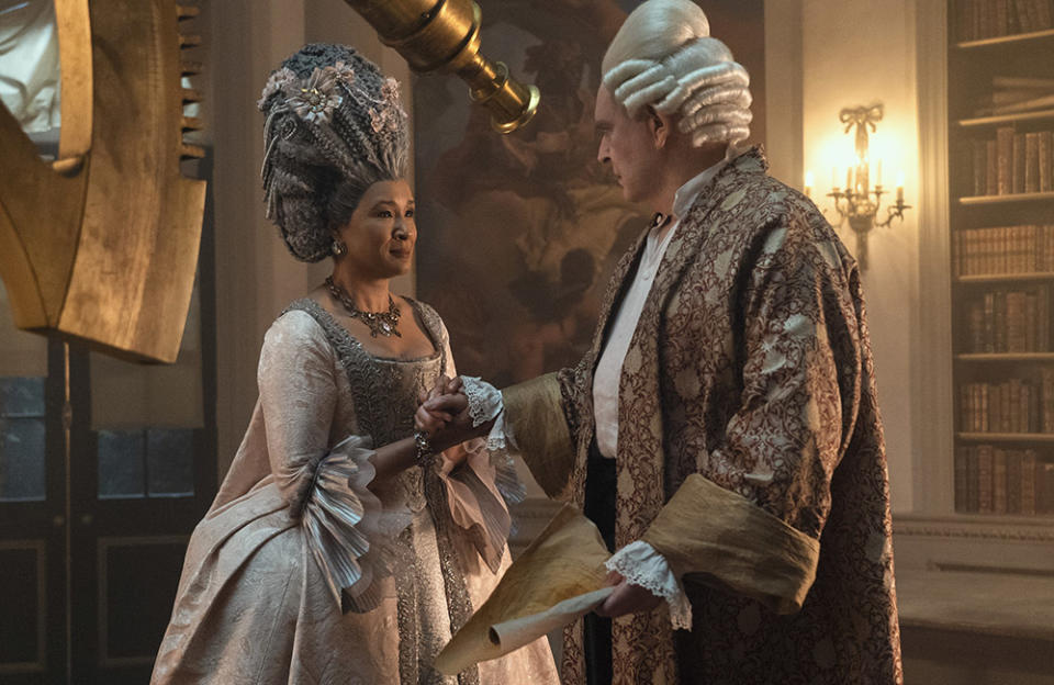 (L to R) Golda Rosheuvel as Queen Charlotte, James Fleet as King George in Queen Charlotte: A Bridgerton Story.