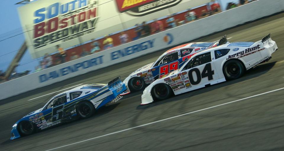 Eddie Slagle (5), Ronnie Bassett Jr. (04) and Layne Riggs (99) during the Thunder Road Harley-Davidson 200 presented by Grand Atlantic Ocean Resort at South Boston Speedway. (Adam Fenwick/NASCAR)