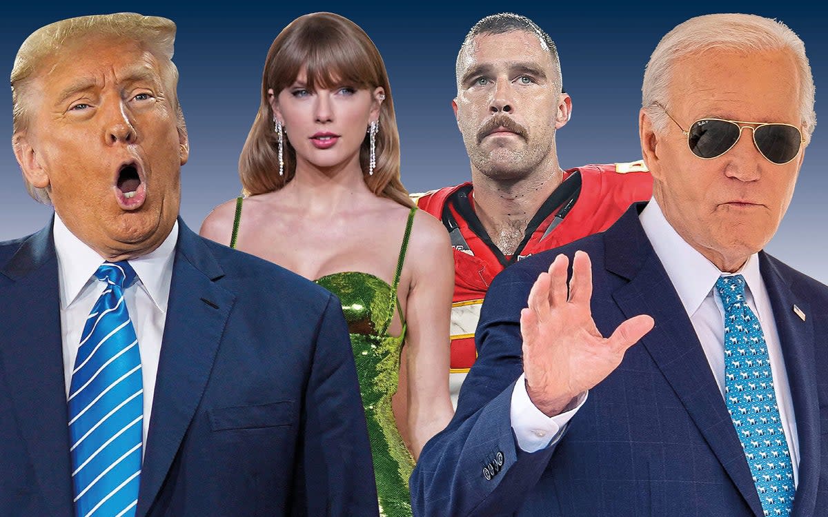 Trump fans are pushing a conspiracy theory surrounding Taylor Swift and Travis Kelce. (ES COMPOSITE)