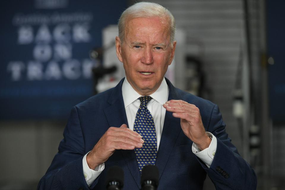 US President Joe Biden speaks on the American Jobs Plan, following a tour of Tidewater Community College in Norfolk, Virginia on May 3, 2021. (Photo by MANDEL NGAN / AFP) (Photo by MANDEL NGAN/AFP via Getty Images)