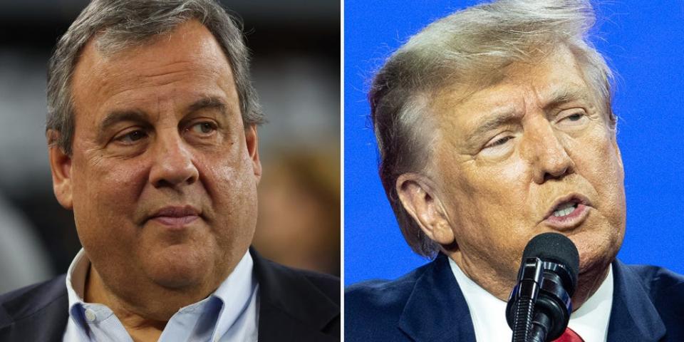 A composite image of Chris Christie (left) and Donald Trump. Christie is wearing a blue shirt and black blazer. Trump is wearing a red tie.