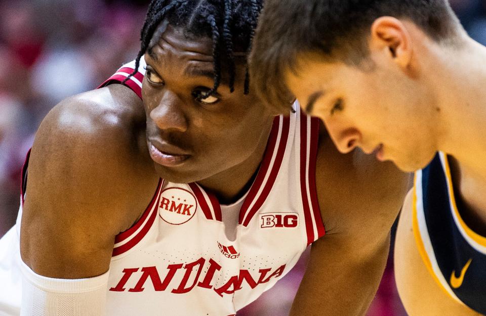 The "RMK" patch honoring Bob Knight can be seen on Anthony Walker's jersey during the first half of the Indiana versus Marian men's basketball game at Simon Skjodt Assembly Hall on Friday, Nov. 3, 2023.