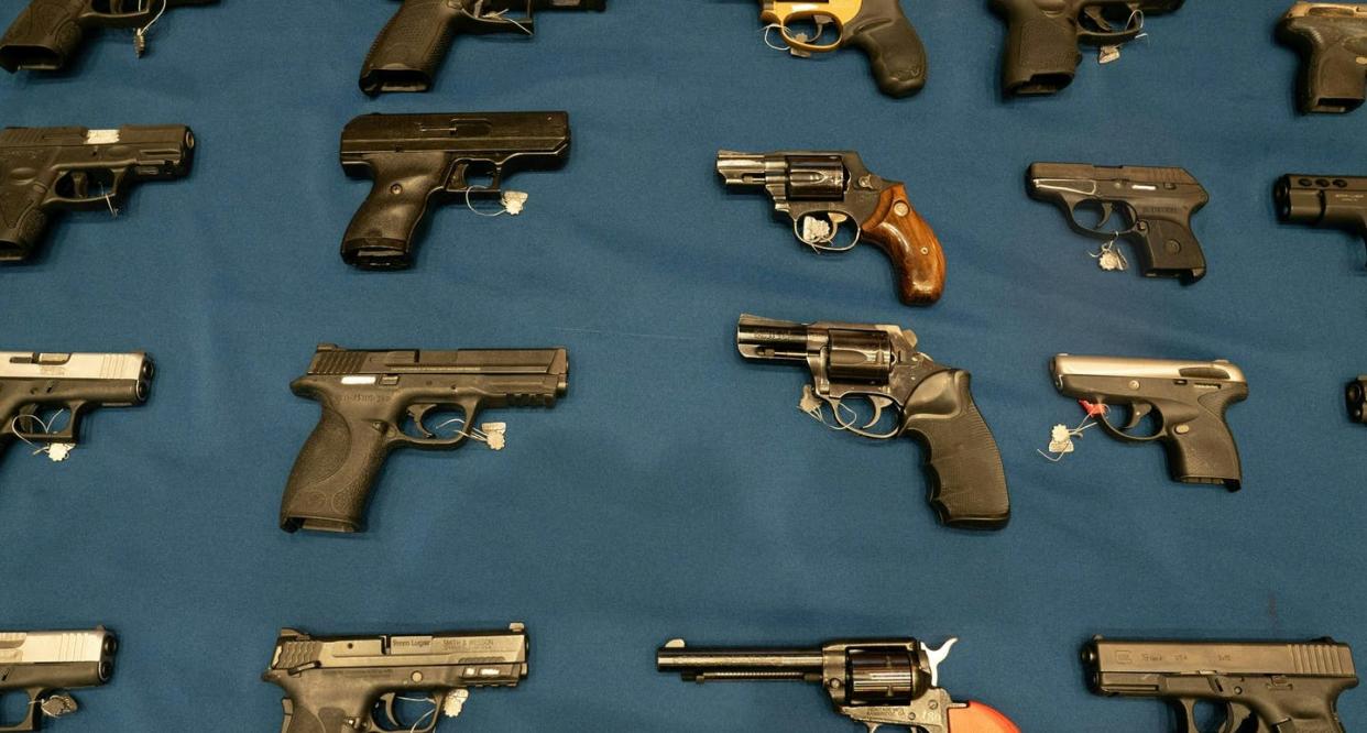 <span class="caption">A U.S. Supreme Court decision released on Jun 23, 2022, loosens state restrictions on carrying concealed firearms.</span> <span class="attribution"><a class="link " href="https://www.gettyimages.com/detail/news-photo/confiscated-guns-are-on-display-during-a-press-conference-news-photo/1235713352?adppopup=true" rel="nofollow noopener" target="_blank" data-ylk="slk:Bryan R. Smith/AFP via Getty Images;elm:context_link;itc:0;sec:content-canvas">Bryan R. Smith/AFP via Getty Images</a></span>