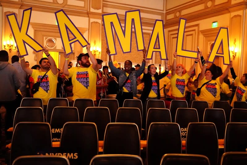 Supporters of Kamala Harris cheer inside a First in the West Event at the Bellagio Hotel in Las Vegas