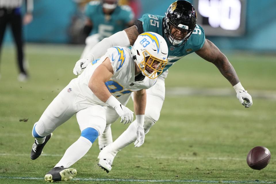 Los Angeles Chargers wide receiver Michael Bandy (83) and Jacksonville Jaguars defensive end Roy Robertson-Harris (95) vie for a loose ball during the first half of an NFL wild-card football game, Saturday, Jan. 14, 2023, in Jacksonville, Fla. (AP Photo/Chris Carlson)