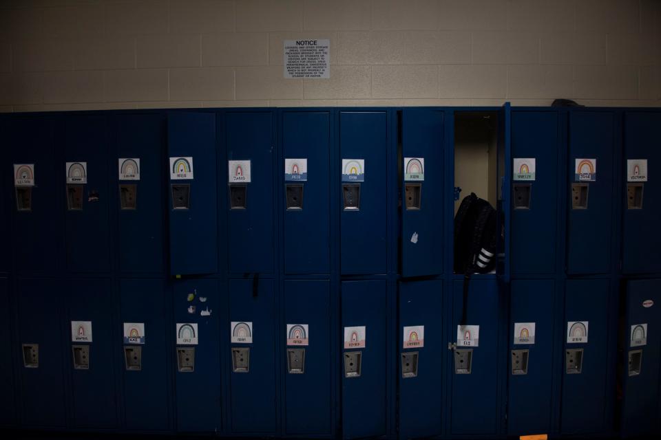Children’s lockers line the walls at Goodlettsville Elementary School on May 15.