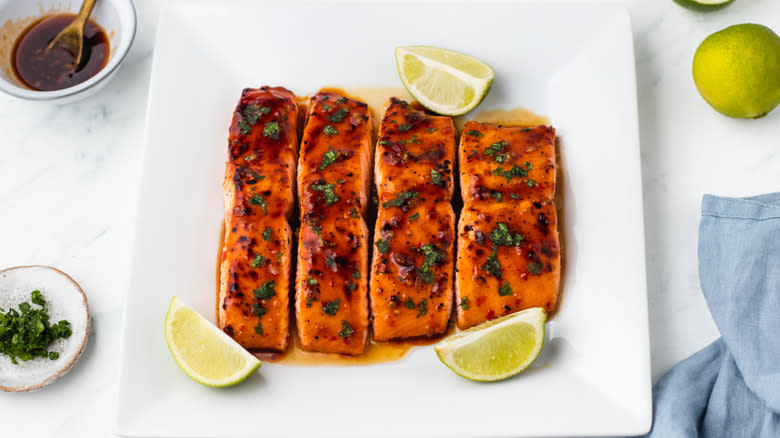 Sweet chili salmon served on plate