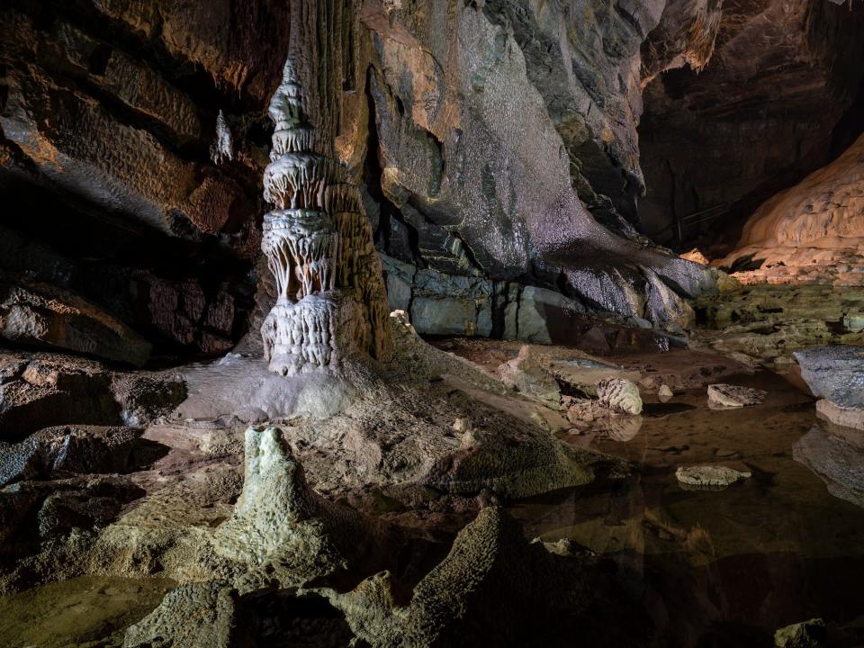 Rocky formations in Krizna Jama Cave, Cross Cave, in Grahovo, Slovenia.