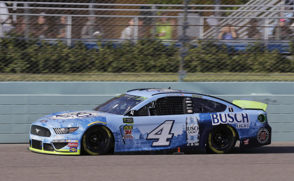 Kevin Harvick drives on the front stretch during a NASCAR Cup Series auto race on Sunday, Nov. 17, 2019, at Homestead-Miami Speedway in Homestead, Fla. Harvick is one of four drivers running for the championship. (AP Photo/Terry Renna)