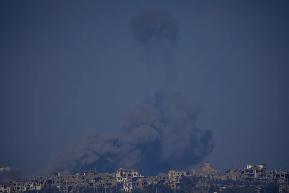 Smoke rises following an Israeli bombardment in the Gaza Strip, as seen from southern Israel , Wednesday, Dec. 6, 2023. (AP Photo/Ariel Schalit)