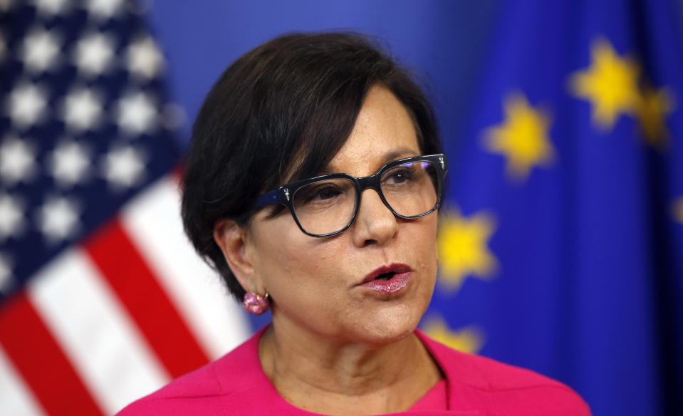 FILE - In this July 12, 2016 file photo, then U.S. Secretary of Commerce Penny Pritzker speaks during a news conference in the Commission Berlaymont building in Brussels, Belgium. Pritzker, a major Democratic fundraiser and former commerce secretary under President Barack Obama, has endorsed Joe Biden for president. (AP Photo/Darko Vojinovic)