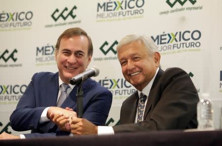 Mexico's President-elect Andres Manuel Lopez Obrador and Juan Pablo Castanon, President of the Business Coordinating Council (CCE) shake hands during a news conference in Mexico City, Mexico July 4, 2018. REUTERS/Daniel Becerril