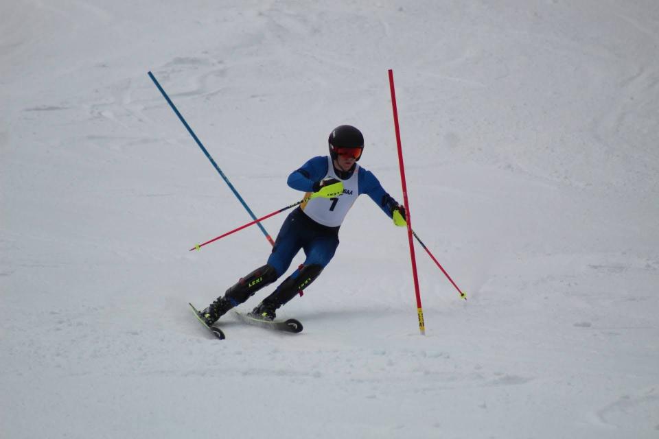 Camden's Josh Plumley participating in the Alpine Skiing State Championship at Bristol Mountain.