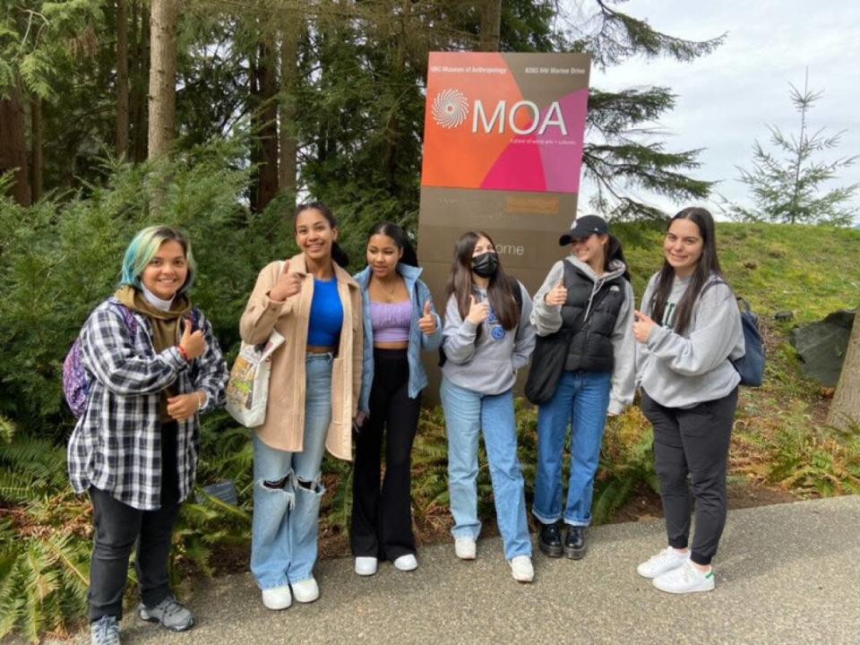 Members of Students Taking Action Against Racism (STAAR) are pictured during a trip to the Museum of Anthropology in April. From left to right: TJ Nyhan, Sophia Toy, Lourin Mendez, Gia Charley, Ryaz Marston and Sophie Beech. (Submitted by TJ Nyhan - image credit)