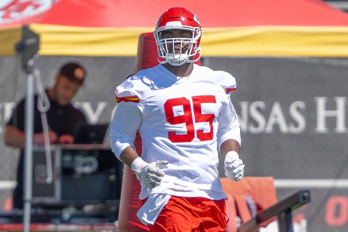 Kansas City Chiefs defensive tackle Chris Jones (95) warms up during the second day of mandatory mini-camp practice at the Chiefs training complex on Wednesday, June 12, 2024, in Kansas City.