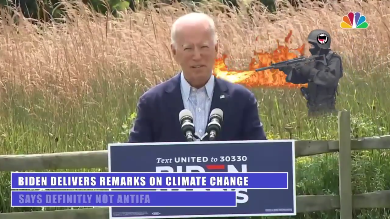 Fake video shows Joe Biden speaking about wildfires as antifa members start a blaze (@elenochle / Twitter)