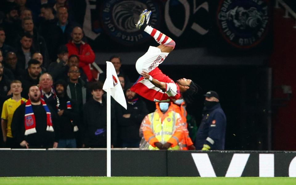 Arsenal's Pierre-Emerick Aubameyang celebrates scoring their first goal - Reuters