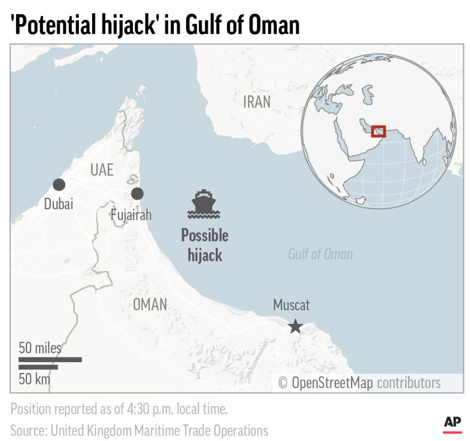 A ship in the Gulf of Oman may have been a hijacking target Tuesday. (AP Graphic)