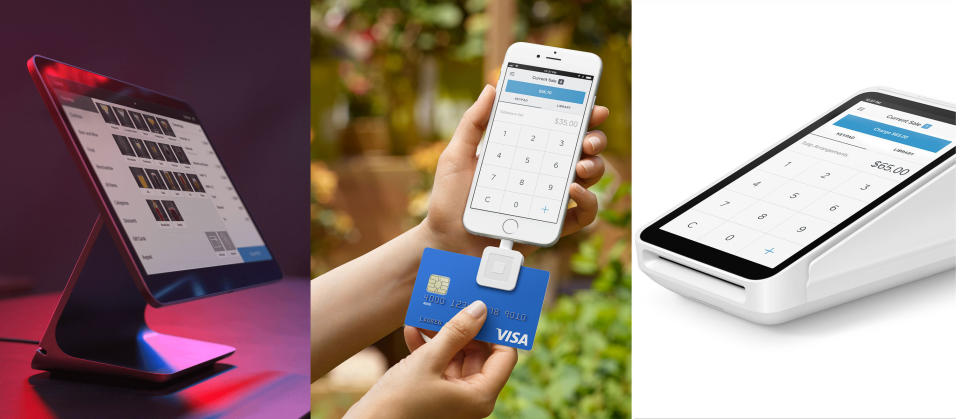 L-R: New Square hardware devices: Register; Reader with Lightning connector; Terminal. (Images via Square)