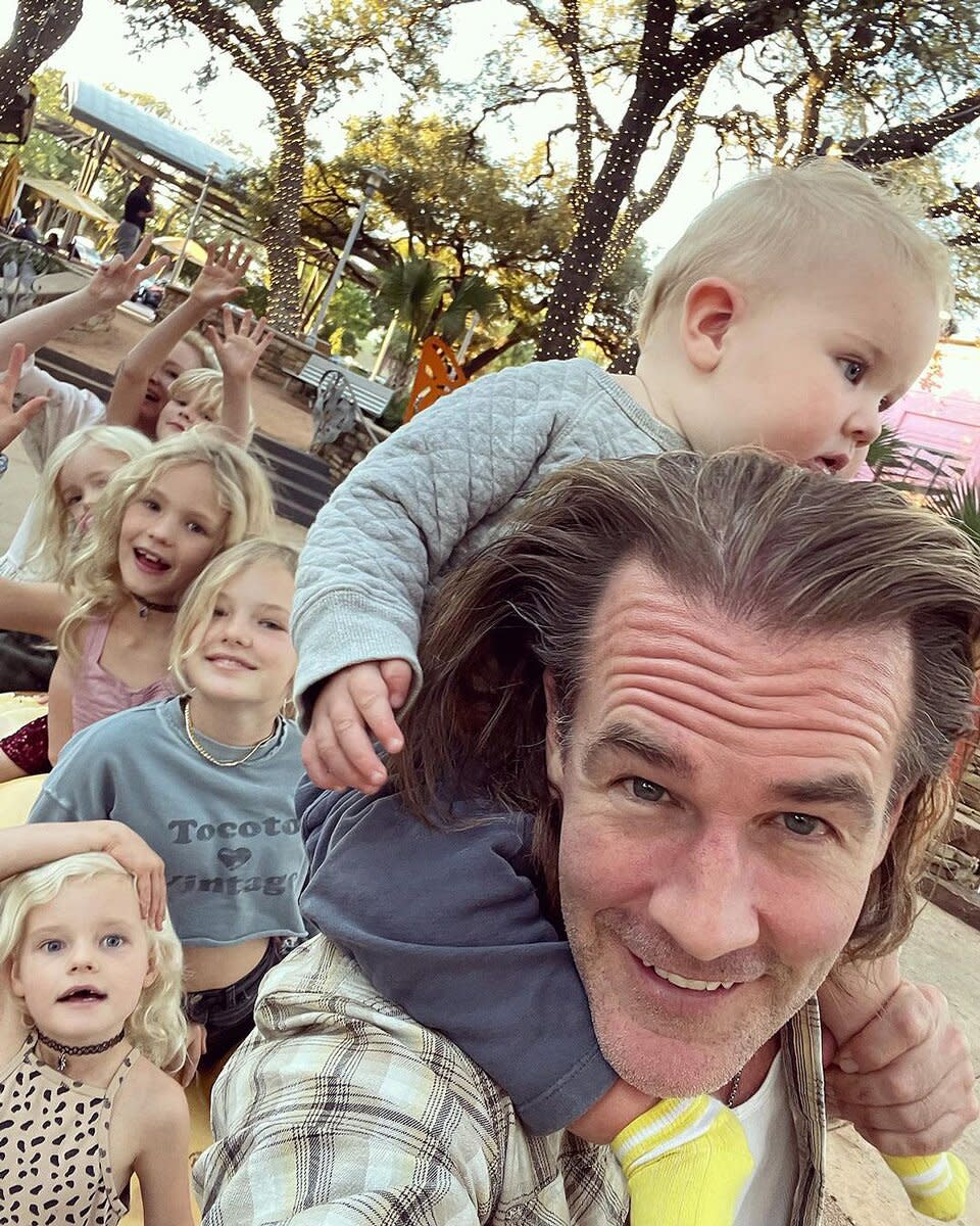 James Van Der Beek, with kids at the pumpkin patch