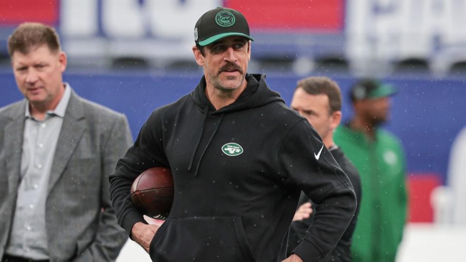 Oct 29, 2023; East Rutherford, New Jersey, USA; New York Jets quarterback Aaron Rodgers (8) on the field before the game against the New York Giants at MetLife Stadium.