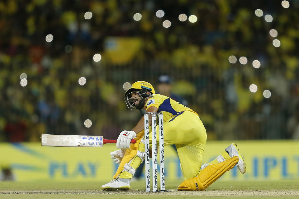 Chennai Super Kings' Captain Ruturaj Gaikwad plays a shot during the Indian Premier League cricket match between Chennai Super Kings and Lucknow Super Giants in Chennai, India, Tuesday, April 23, 2024. (AP Photo/R.Parthiban)