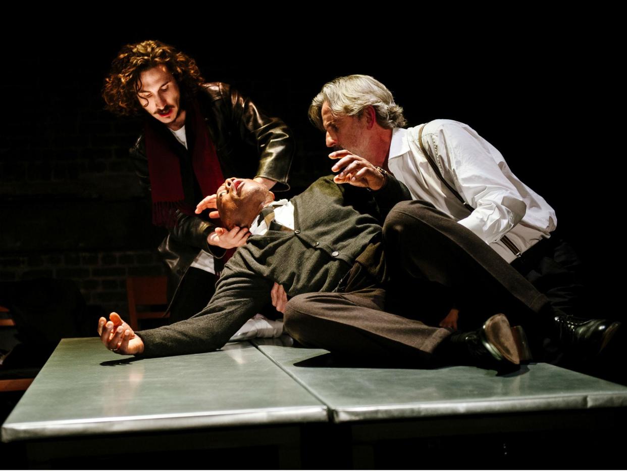 Billy Postlethwaite as Rambert, Burt Caesar as Grand and Martin Turner as Tarrou in 'The Plague' at the Arcola Theatre: Alex Brenner