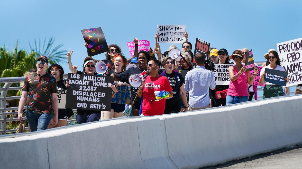 Protesters march across the Ringling Bridge in opposition to recent Florida legislation, including bills against abortion and gay rights. Women's Voices of SW Florida organized the march, in April 2022, which was followed by a rally in Five Points Park.