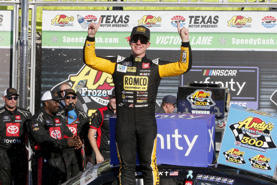 FORT WORTH, TX - SEPTEMBER 23: John Hunter Nemechek (#20 Joe Gibbs Racing Romco Equipment Toyota) celebrates winning the NASCAR Xfinity Series Playoff Andy's Frozen Custard 300 race on September 23, 2023 at the Texas Motor Speedway in Fort Worth, Texas. (Photo by Matthew Pearce/Icon Sportswire via Getty Images)