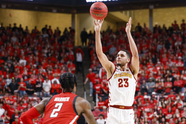 Iowa State's Tristan Enaruna (23) takes a shot during the first half of an NCAA college basketball game against Texas Tech on Tuesday, Jan. 18, 2022, in Lubbock, Texas. (AP Photo/Chase Seabolt)