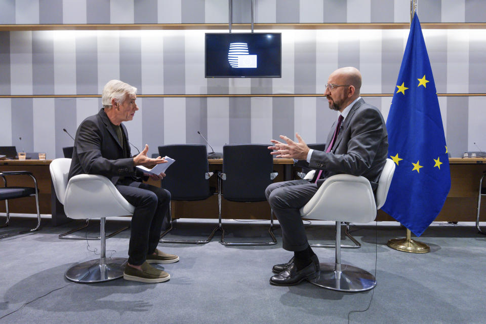 European Council President Charles Michel speaks with Benelux News Editor Raf Casert during an exclusive interview with the Associated Press at the EU Council in Brussels, Friday Oct. 13, 2023. (AP Photo/Geert Vanden Wijngaert)