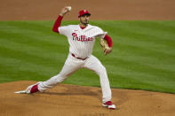 Philadelphia Phillies Zach Elfin throws during the first inning of the team's baseball game against the St. Louis Cardinals, Friday, April 16, 2021, in Philadelphia. (AP Photo/Laurence Kesterson)