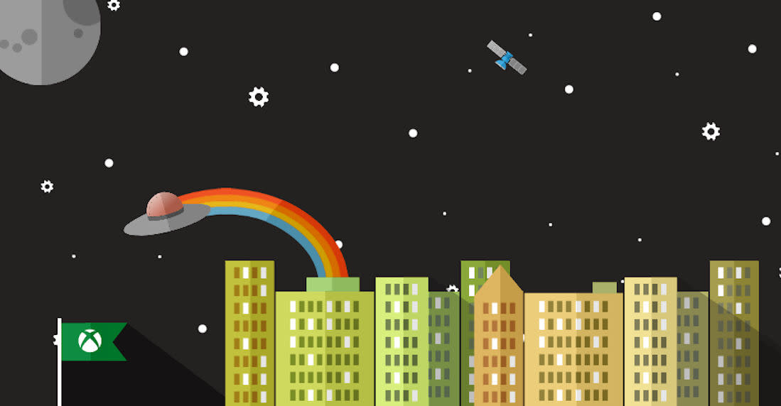  An Xbox flag is in the lower left corner, with a black backdrop of gears and dots making stars as a UFO leaves a rainbow trail above varied shades of green buildings. 