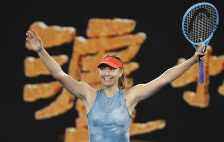 Tennis - Australian Open - Third Round - Melbourne Park, Melbourne, Australia, January 18, 2019. Russia's Maria Sharapova celebrates after winning the match against Denmark's Caroline Wozniacki. REUTERS/Aly Song