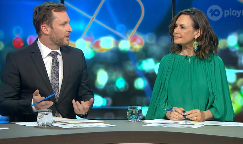 Peter Van Onselen and Lisa Wilkinson looking at each other on The Project