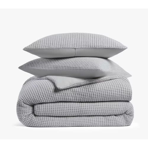 gray waffle textured shams and duvet