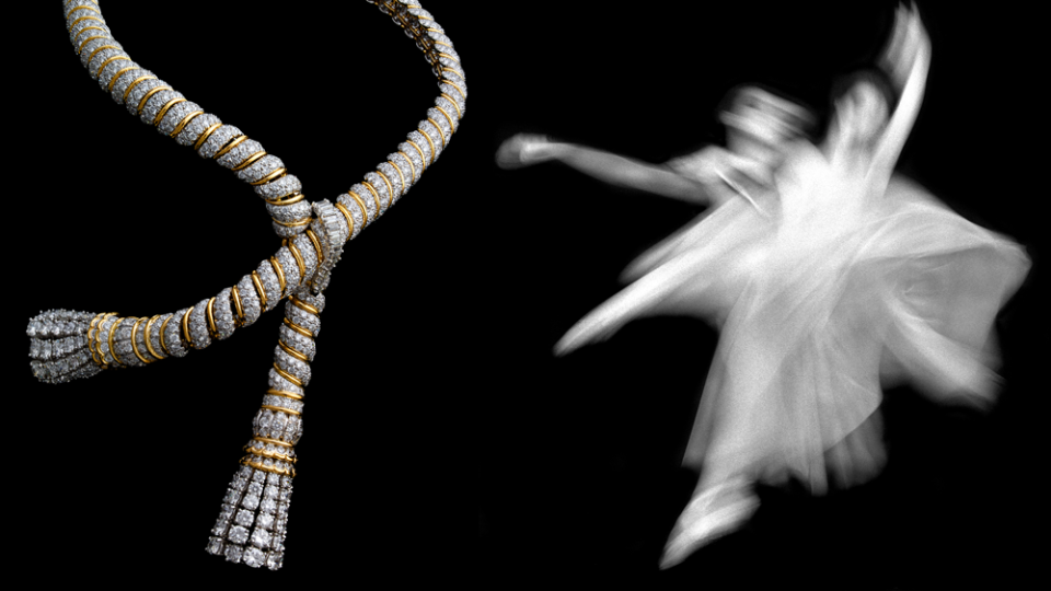 David Webb Diamond Lariat Necklace; Paul Himmel's Dancers from the New York City Ballet Performing Serenade