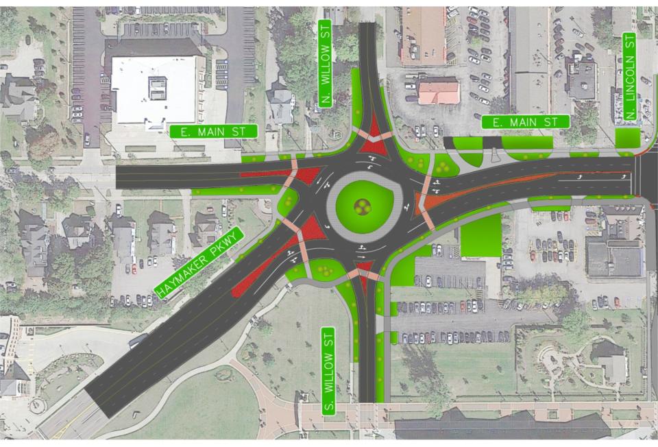 The western roundabout would be at the Haymaker Parkway intersection with East Main Street.