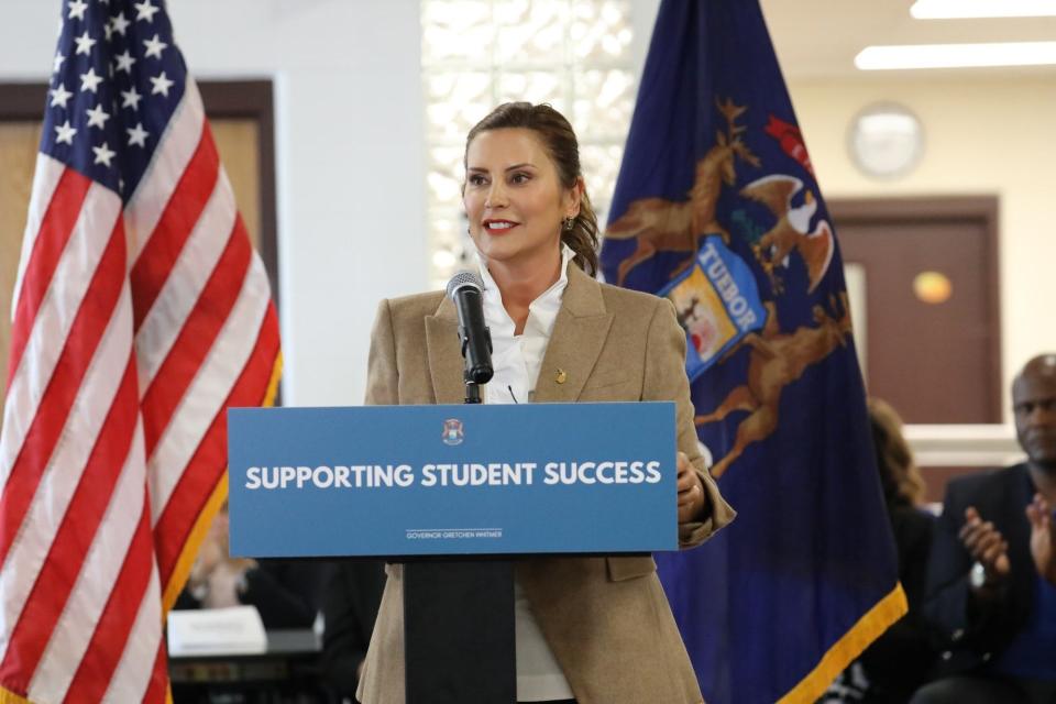 Gov. Gretchen Whitmer speaks at a bill signing ceremony in Suttons Bay on July 20, 2023, before signing the education budget.