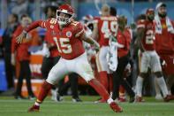 Kansas City Chiefs' quarterback Patrick Mahomes celebrates his touchdown pass to Damien Williams in the the second half of the NFL Super Bowl 54 football game Sunday, Feb. 2, 2020, in Miami Gardens, Fla. (AP Photo/John Bazemore)