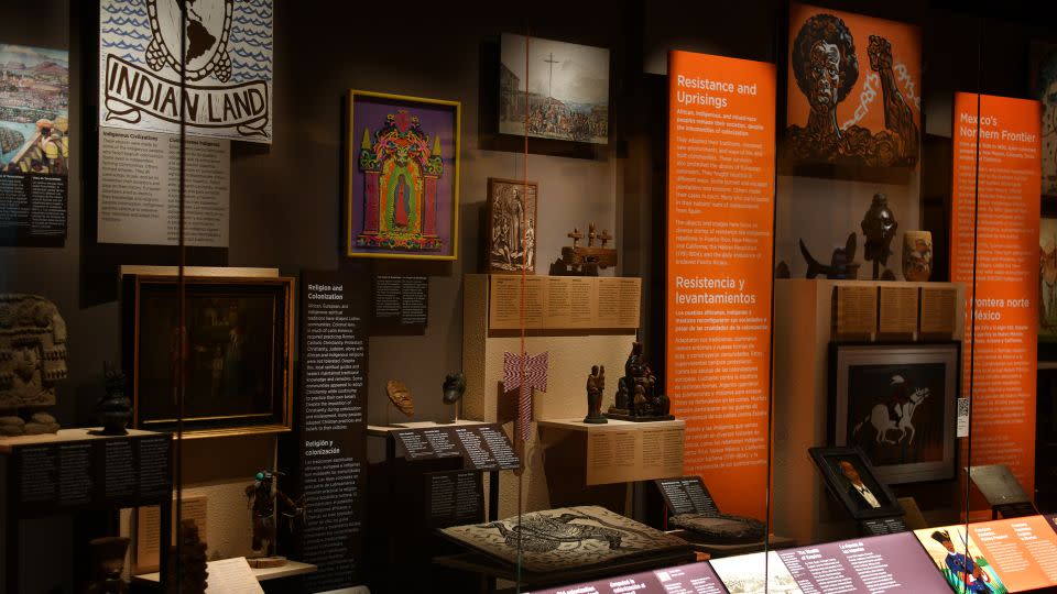 Artifacts and description displays of the American Latino exhibition of the National Museum are seen at the Molina Family Latino Gallery in Washington, D.C., June 9, 2022. - Astrid Riecken for The Washington Post/Getty Images/File