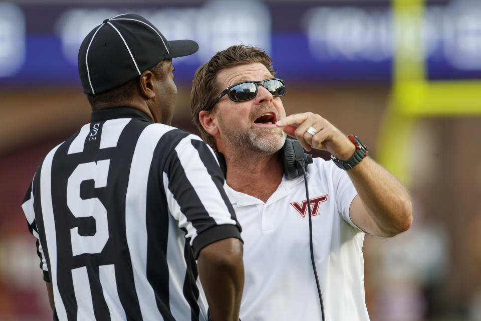 Virginia Tech head coach Brent Pry objects to a penalty during the second half of an NCAA college football game against Florida State, Saturday, Oct. 7, 2023, in Tallahassee, Fla. (AP Photo/Colin Hackley)