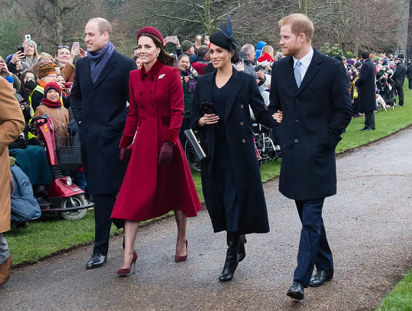 <div class="inline-image__caption"><p>Prince William, Duke of Cambridge, Catherine, Duchess of Cambridge, Meghan, Duchess of Sussex and Prince Harry, Duke of Sussex attend Christmas Day Church service at Church of St Mary Magdalene on the Sandringham estate on December 25, 2018 in King's Lynn, England.</p></div> <div class="inline-image__credit">Samir Hussein/Samir Hussein/WireImage</div>