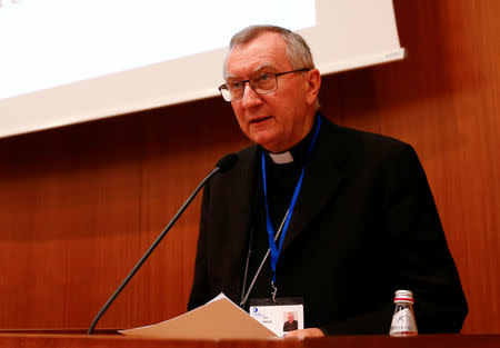 Vatican Secretary of State Cardinal Pietro Parolin talks during the World Congress "Child Dignity in the Digital World" at the Pontifical Gregorian University in Rome, Italy October 3, 2017. REUTERS/Tony Gentile