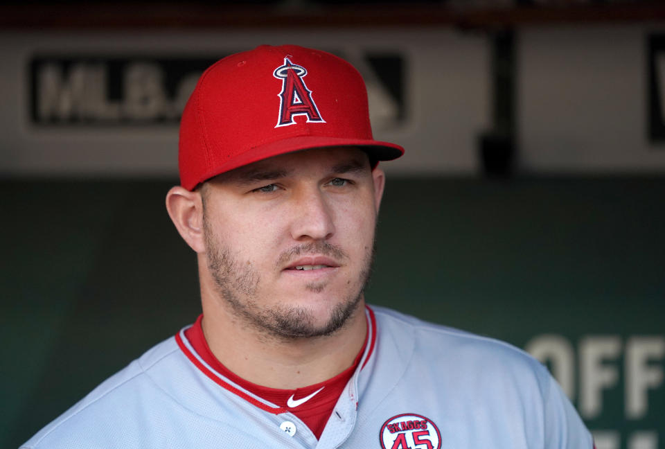 OAKLAND, CALIFORNIA - SEPTEMBER 04: Mike Trout #27 of the Los Angeles Angels of Anaheim looks on from the dugout prior to his game against the Oakland Athletics at Ring Central Coliseum on September 04, 2019 in Oakland, California. (Photo by Thearon W. Henderson/Getty Images)