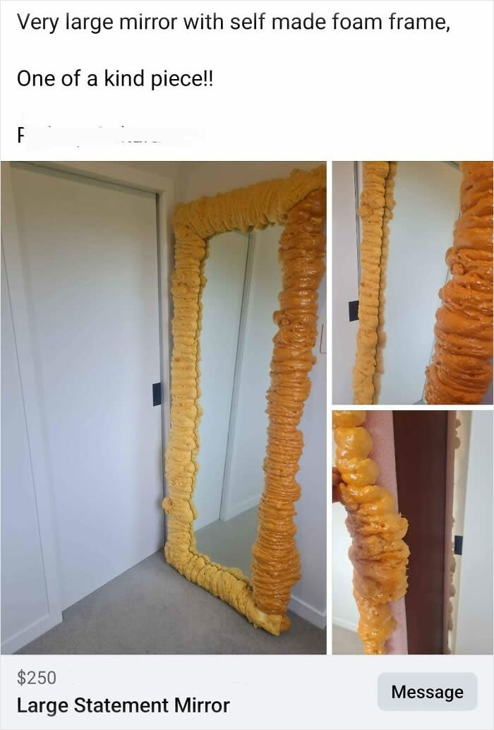 A full-length mirror framed with puffy, irregular yellow-orange foam listed for $250. Text describes the mirror as “large statement mirror” with “self made foam frame."