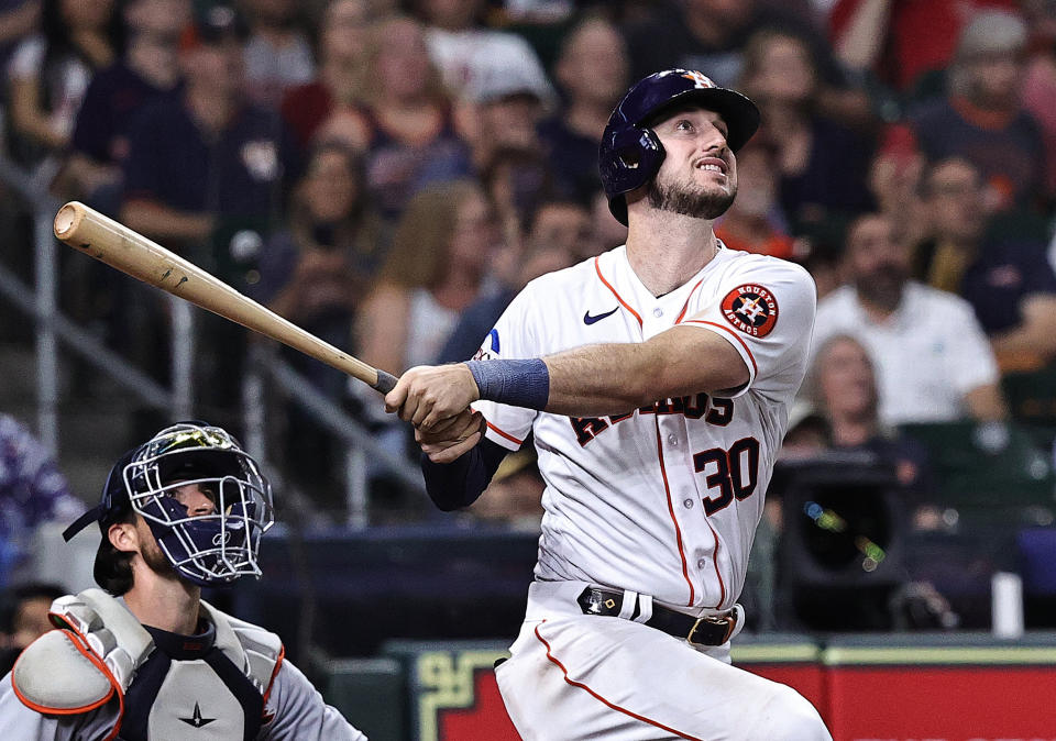 Kyle Tucker of the Houston Astros hits a home run against the Detroit Tigers on April 5, 2023 in Houston. (Bob Levey / Getty Images)