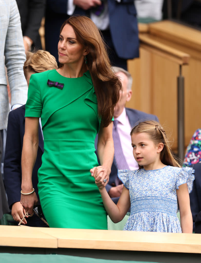 LONDON, ENGLAND - JULY 16: Catherine, Princess of Wales and Princess Charlotte of Wales are seen in the Royal Box ahead of the Men's Singles Final between Novak Djokovic of Serbia and Carlos Alcaraz of Spain on day fourteen of The Championships Wimbledon 2023 at All England Lawn Tennis and Croquet Club on July 16, 2023 in London, England. (Photo by Julian Finney/Getty Images)