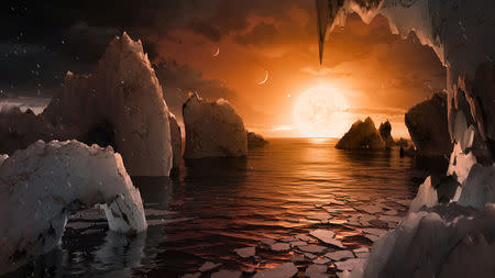 An artist's depiction shows the possible surface of TRAPPIST-1f, on one of seven newly discovered planets in the TRAPPIST-1 system that scientists using the Spitzer Space Telescope and ground based telescopes have discovered according to NASA, in this illustration released February 22, 2017. Courtesy NASA/JPL-Caltech/Handout via REUTERS